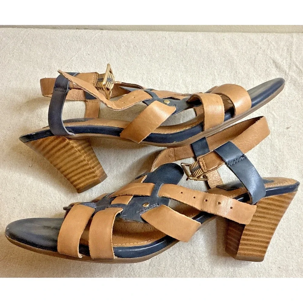Clarks Blue Brown Leather Adjustable Ankle Strap High Wedge Heel Sandals Sz‎ 7.5
